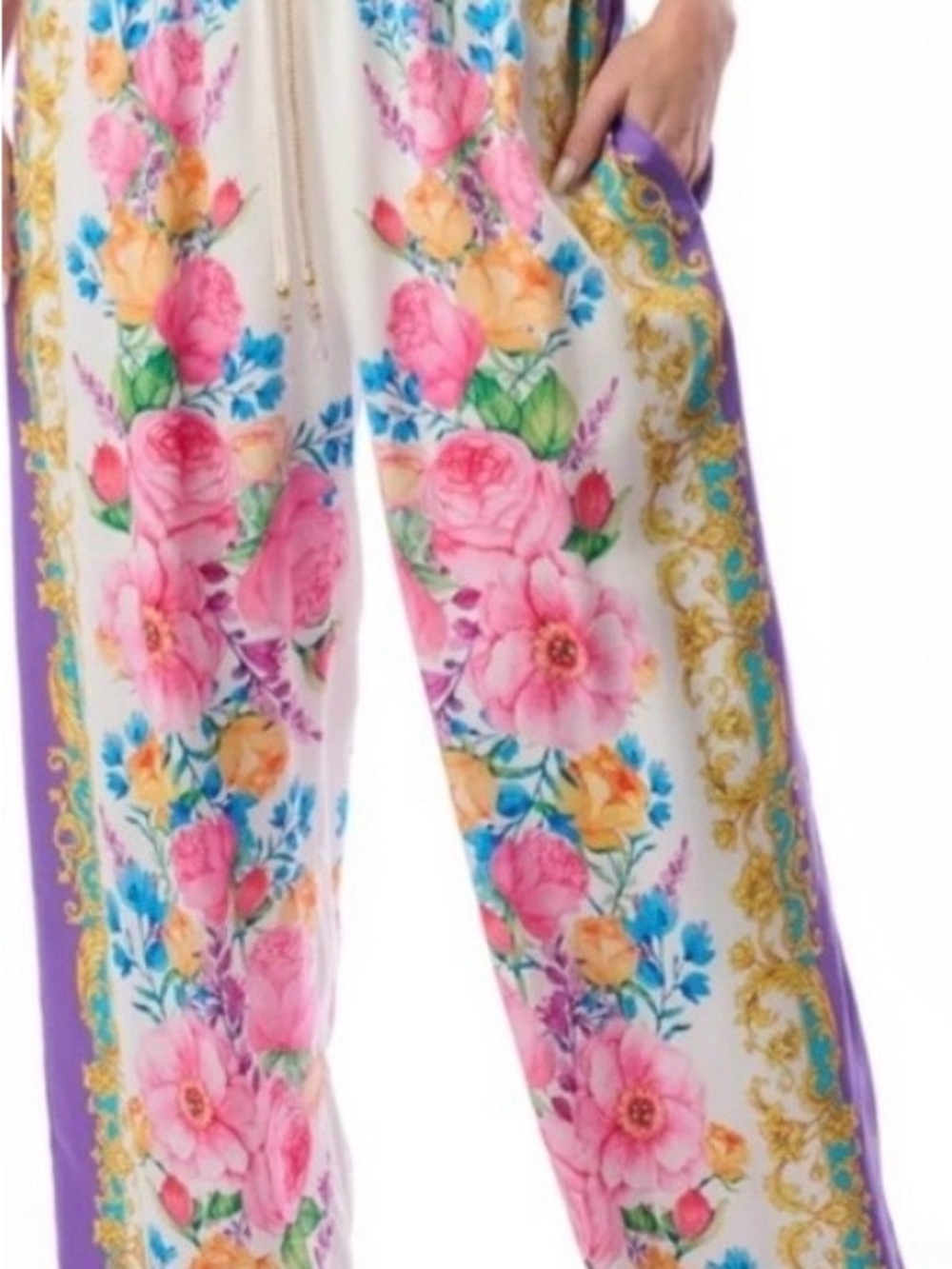 Aratta Silent Journey Wide-Leg Pants with Pink Floral Print & Purple Trim.